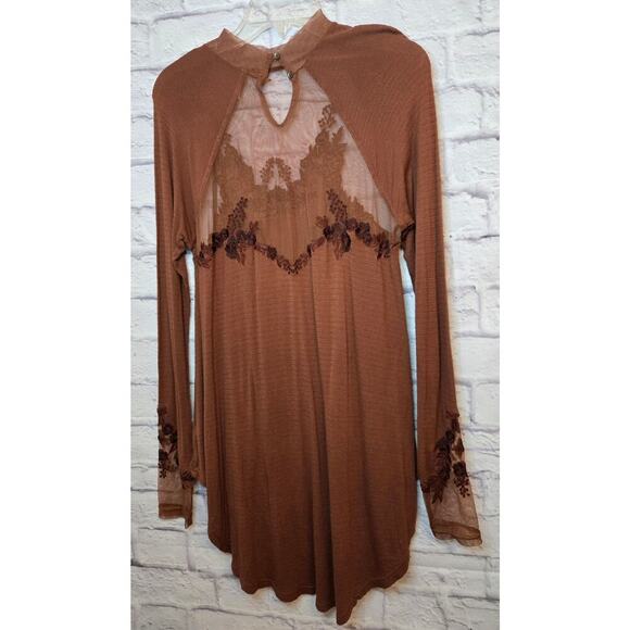 Free People Saheli Tunic Top Embroidered Mesh Boho Brown Hi Low Size S. - Picture 5 of 9